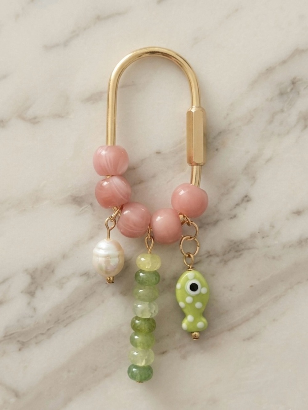 Viral Carabiner Beaded Bag Charm Keychain with Green Fish and Faux Pearl Charms